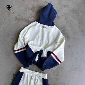 Ensemble de survêtement streetwear pour <span class=keywords><strong>femme</strong></span>, 2 pièces, sweat à capuche et pantalon large, tenue décontractée, contraste blanc et bleu marine - Product Image 2