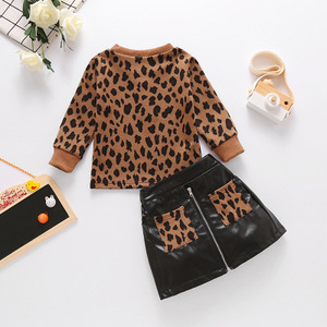 Pull-over marron avec imprimé léopard pour filles, vêtements pour enfants, <span class=keywords><strong>jupe</strong></span> à fermeture éclair, en <span class=keywords><strong>cuir</strong></span>, costume deux pièces, nouveau, - Product Image 5