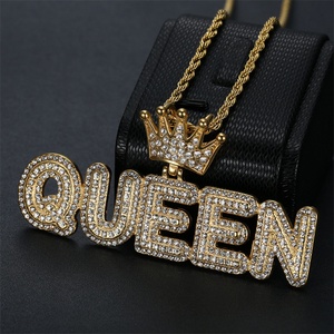 Hiphop New Design Crystal 18K Gold Plated Queen Crown Stainless Steel Pendant Necklace <b>Rope</b> <b>Chain</b> Letter Shape for Anniversary - Product Image 4
