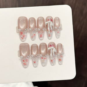 Diseño # 3482 <span class=keywords><strong>Uñas</strong></span> Postizas de Gel 3D de Lujo, Diseño de Lazo Blanco con Perlas, Efecto Ojo de Gato, Acrílicas, Largas, Ovaladas, Hechas a Mano, 10 Piezas - Product Image 1