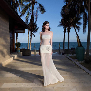 Sheer Mesh Strapless Dress White Natural Waistline Beach Cover Up Solid Color YX-8086 - Product Image 1