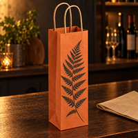 Sac cadeau pour vin en papier kraft à imprimé feuille de fougère, pour une bouteille, avec poignées torsadées - Orange