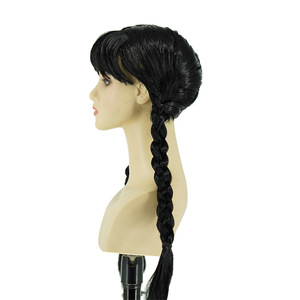 <span class=keywords><strong>Perruque</strong></span> de cosplay <span class=keywords><strong>Wednesday</strong></span> <span class=keywords><strong>Addams</strong></span>, noire, longue, à double tresses, synthétique, avec franges - Product Image 4
