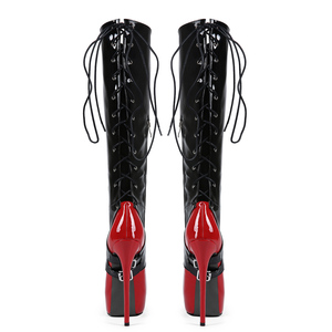 Summer Red Patchwork Patent Knee High Boots Big Size 47 Back Cut Out Lace up Long Boots Thick Platform Thin <b>Heels</b> Party Shoes - Product Image 3