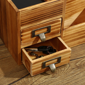 Caja de almacenamiento de madera para escritorio con cajones, para organizar bolígrafos, mandos a distancia, color quemado, forma rectangular, para oficina y sala de estar - Product Image 4