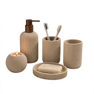 5-Piece Ribbed Beige Bathroom Accessories Set With Wooden <b>Soap</b> <b>Dispenser</b> <b>Toothbrush</b> <b>Holder</b> Candle <b>And</b> Tray - Product Image 1