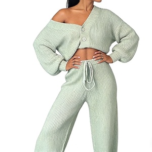 Ensemble de 2 pièces pour femmes, cardigan uni à manches longues en tricot et pantalon, mode décontractée - Product Image 2