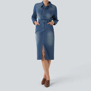 Vestido Midi de Mezclilla <span class=keywords><strong>para</strong></span> Dama Fabricante Personalizado 2025 Moda Casual Verano Otoño Invierno Vestido Camisero de Denim Azul <span class=keywords><strong>para</strong></span> <span class=keywords><strong>Mujer</strong></span> - Product Image 1