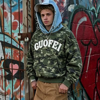 Produsen Pakaian Ouna Bordir Kustom Hoodie Katun Tebal Ukuran Besar Model Distressed Kamuflase Camo Hoodie Resleting Unisex