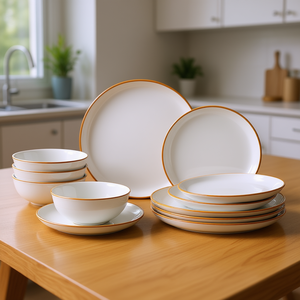 Service de vaisselle en céramique blanche 12 pièces pour 4 personnes, passe au lave-vaisselle, design minimaliste, assiettes et bols ronds - Product Image 2