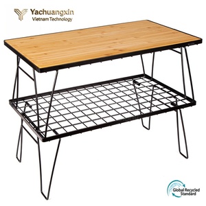 Modern Bamboo Folding <b>Table</b> With Metal Legs And Mesh Shelf For Camping Outdoor Use - Product Image 2