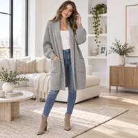 Cardigan long pour femme, surdimensionné, en tricot côtelé, à col châle ouvert, ample et épais, avec poches, personnalisable OEM ODM