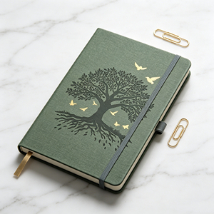 Green Fabric <b>Diary</b> With Tree and Birds Design Hardcover Sewing Binding Uv Printing <b>A5</b> Size - Product Image 4