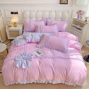 Parure <span class=keywords><strong>de</strong></span> <span class=keywords><strong>lit</strong></span> <span class=keywords><strong>de</strong></span> luxe 4 pièces en coton lavé, housse <span class=keywords><strong>de</strong></span> couette contrastée jaune et noir avec volants et nœuds décoratifs pour chambre à coucher - Product Image 3