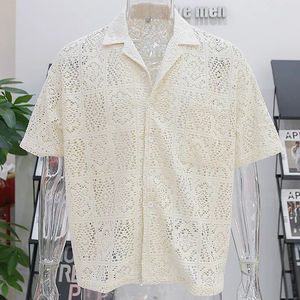 透け感のあるサテンボタンシャツ、リラックスフィット、折り返し襟、カジュアルレース、半袖、カスタムニット、速乾性、メンズ、高品質 - Product Image 1