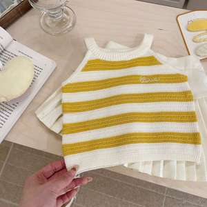 Tongxingyuan Girls Summer Striped Knitted Vest Pleated Skirt Set Yellow Cotton Outfit - Product Image 2