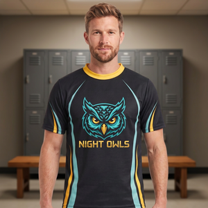 Maillot de softball pour hommes à manches courtes, séchage rapide, imprimé par sublimation, avec logo avant, coloris noir, turquoise et jaune, pour les joueurs Night Owls - Product Image 1