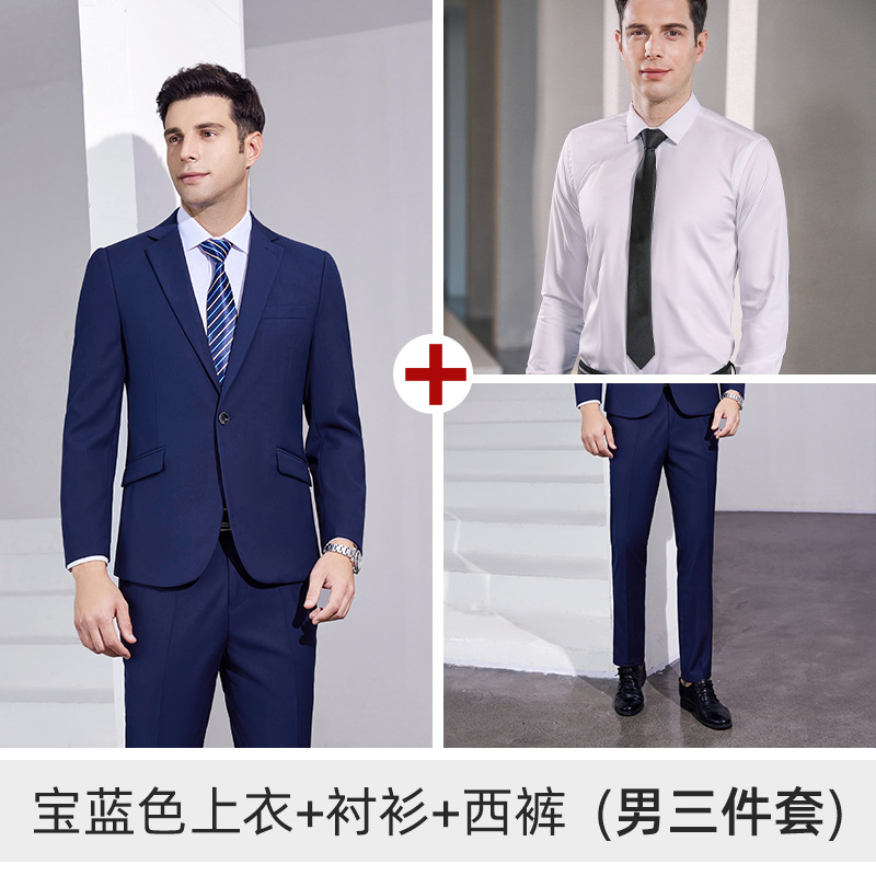Men's royal blue suit, white shirt and trousers