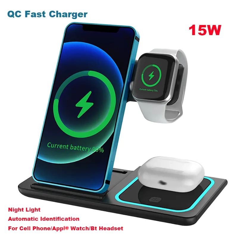 Amazon Top Seller Dropshipping New Qi 15W Mobile Phone Charging Pad LED Light 3 in 1 Wireless Charger For Iphone 13 Watch