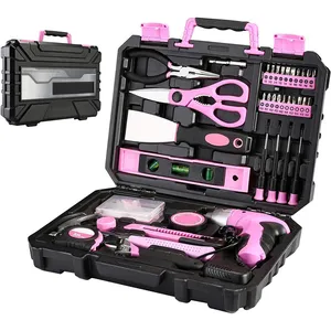 工具包家用粉色专业重型手动工具122件粉色工具套装，带3.6伏可旋转电动螺丝刀