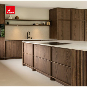 Tối giản nhô ra dải gỗ sồi trắng đồng bằng gỗ Veneer sàn tủ bếp với đảo rãnh và xử lý gỗ tích hợp - Product Image 1