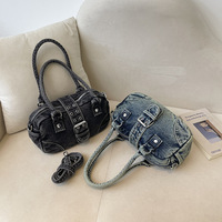 Tas Bowling Denim Vintage Y2K Retro dengan Tali Selempang yang Dapat Disesuaikan, Tas Jinjing Multifungsi untuk Wanita