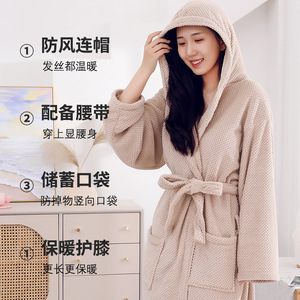 ชูฮุยเสื้อคลุมอาบน้ำมีฮู้ดผู้หญิงแขนยาวไมโครไฟเบอร์ฤดูหนาวอบอุ่นดูดซับได้เสื้อคลุมสวมใส่ได้สไตล์คู่รัก - Product Image 2