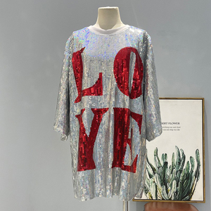 Love Sequin Dress Medium <strong>Long</strong> T-shirt Black <strong>White</strong> Fresh Sweet Loose 5/4 <strong>Sleeve</strong> <strong>Top</strong> - Product Image 4