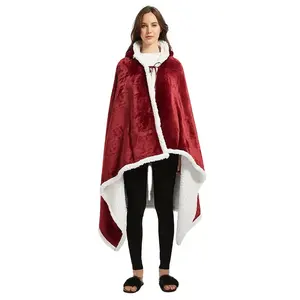 OEM factory direct sell wearable blanket hoodie sherpa plush fleece TV blanket poncho for women
