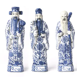 징더전 세라믹 입상 장식 럭키 장수 3 성급 세라믹 조각 동상 블루 화이트 세라믹 장식 장식품