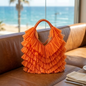 Handmade Summer Paper <strong>Raffia</strong> <strong>Tote</strong> Bag with Fringe Tassel Open Closure Beach Use - Product Image 1