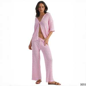 Conjunto de suéter de punto calado texturizado para mujer, camisa de manga corta con cuello tipo campamento y <span class=keywords><strong>pantalones</strong></span> de pierna ancha con cintura con cordón, ropa de resort - Product Image 6