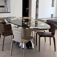 Table à manger ovale moderne de luxe en marbre avec pieds en acier inoxydable, plateau en pierre naturelle pour la maison, la villa, les salles à manger d'hôtel
