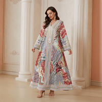 Robe longue vintage à imprimé floral en polyester respirant pour femme, col en V, manches longues, style ethnique ample, abaya pour tous les jours