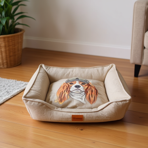 Set di Tre Pezzi in Lino Beige con Design Quadrato e Verniciatura a Spruzzo per Letti per Animali Domestici - Product Image 3