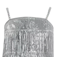Robe à franges et sequins pour enfants, robe de princesse scintillante argentée à volants et bretelles à pompons pour filles, tenue de danse pour enfants