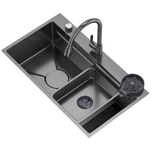 Lavello da Cucina Moderno Nero in Acciaio Inox 304 Fatto a Mano, a Tre Fori, Multifunzione, Vasca Singola, da Incasso, Facile da Pulire, Finitura Spazzolata - Product Image 1
