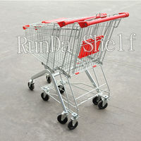 Chariot de courses pliable pour supermarché asiatique avec verrou à monnayeur, en zinc, plastique et acier, capacité 50-130 kg, rouge/bleu
