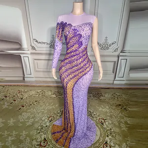 Trajes de Desempenho do partido Uma Manga Design Até O Chão Vestido Sexy Roxo Malha Diamante Embelezado Vestidos Longos para As Mulheres