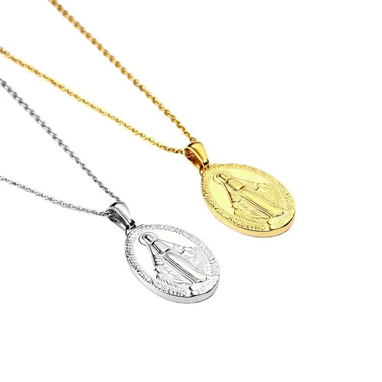 Gran oferta, collar con colgante de moneda conmemorativa Ovalada para mujer religiosa de acero inoxidable 316l, collar de Virgen María