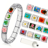 Pulsera de Acero Inoxidable con Baño de Platino, Dijes Italianos de Flor de Acebo, Árbol de Coco, Flor de Cerezo, Cadena de Rosas Cruzadas, Regalo Único DIY