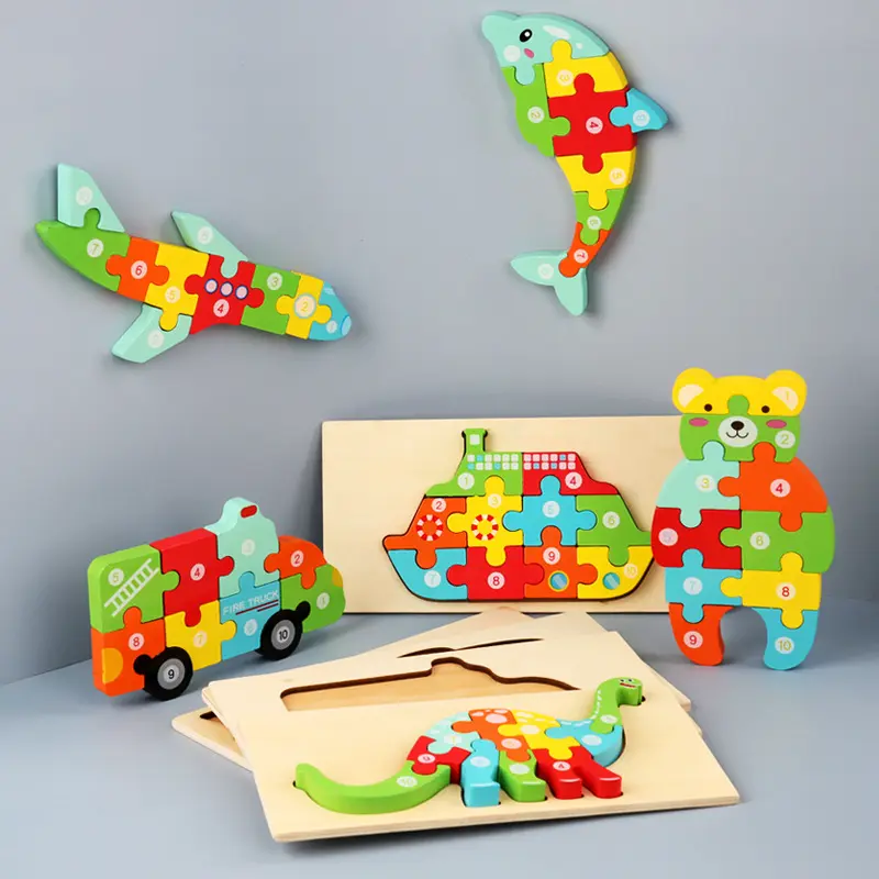 Mainan Jigsaw Puzzle 3D anak-anak, teka-teki kayu hewan kartun kendaraan kayu untuk anak-anak