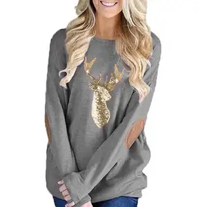 Women Casual Solid Long Sleeve Elbow Patch Pullover Tunic Tops Sweatshirt