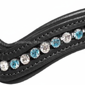 Mega bling personnalisé 1 rangée de cristaux ciel et clair chaîne métallique en cuir véritable canal vide bande de sourcil de cheval en cuir - Product Image 1