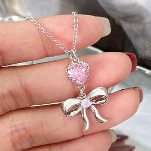 2026 Valentine Jewelry Gift Wholesale Women <b>Heart</b> Pink Cubic Zirconia <b>Necklace</b> Dangle Bow Pink Opal Charm <b>Necklace</b> for Girls - Product Image 4