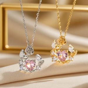 Collier pendentif tendance en acier inoxydable plaqué or rose avec zircon rouge géométrique pour femme, chaîne de clavicule, bijoux - Product Image 1