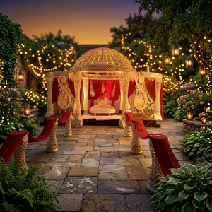 White Lady Mandap Elegant Modern <b>Plastic</b> Wedding Decoration Red <b>Curtains</b> Golden Dome Design for Indian Weddings MANDAP BAZAAR - Product Image 5