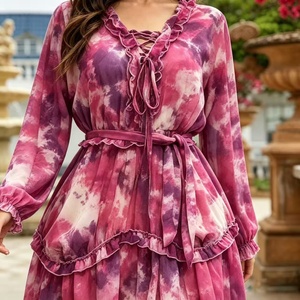 2026 New Fashionable Tie Dye Pleated Flute Women's <strong>Dress</strong> <strong>with</strong> Long <strong>Sleeves</strong> and V-neck Layered <strong>Chiffon</strong> <strong>Dress</strong> for Casual Parties - Product Image 6