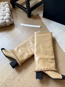 Chaussures de marche confortables et chaudes en cuir véritable pour femmes, de la série CC de marque de luxe, longues jusqu'aux genoux, cousues, colorées, à talons hauts - Product Image 4