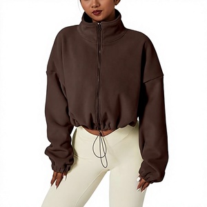 Brown Cropped <b>Fleece</b> <b>Jacket</b> <b>Women</b> Stand Collar Zip Up Full Sleeve Drop Shoulder Soft <b>Warm</b> Autumn Outerwear - Product Image 1